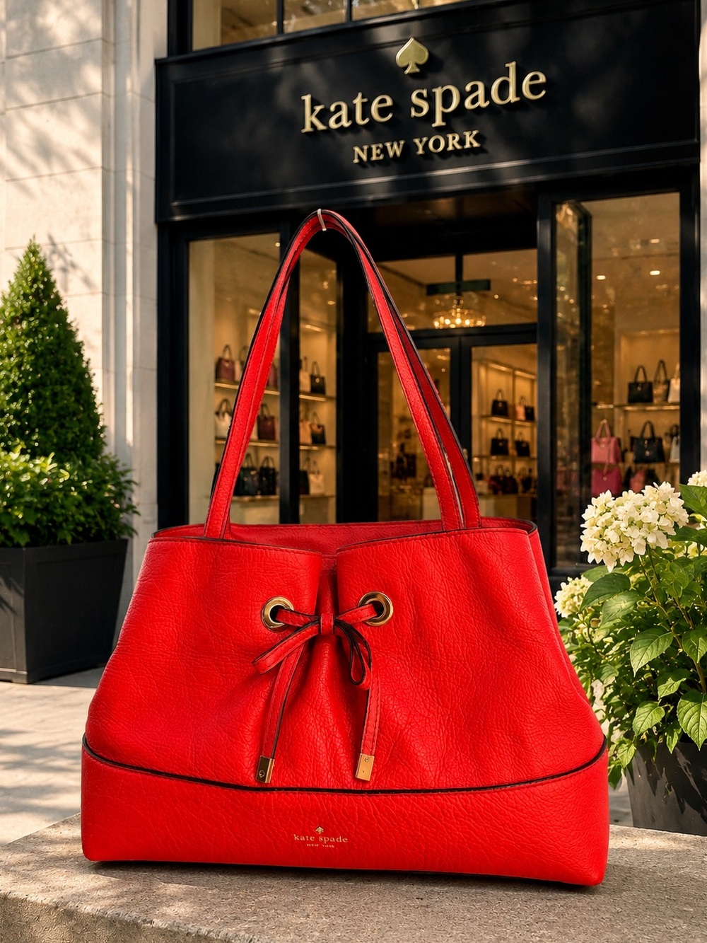 Kate Spade Maryanne West Valley Coral/ Red Drawstring Bow Satchel Bag GUC